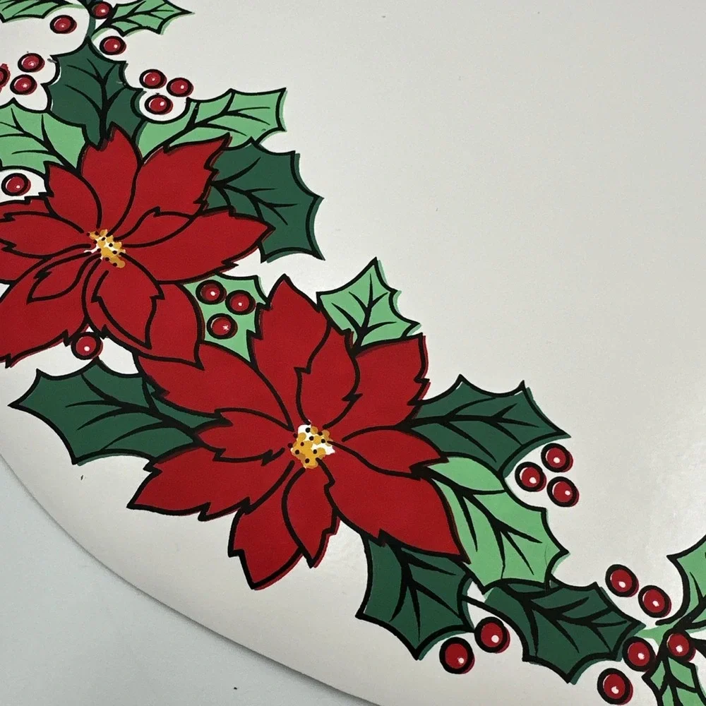 Set of 4 VTG‎ Vinyl Placemats Poinsettias Holly White Oblong Christmas Holiday
